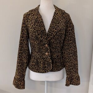 Kikit Womens Leopard Print Blazer MED Y2K Statement Micro Corduroy Ruffle Cuff